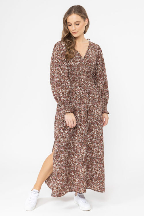 Skilful Brown Floral Shirred Waist LS Maxi Dress