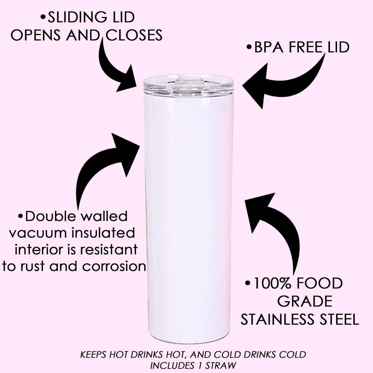 Double Wall Vacuum Insulated Stainless Steel Slim Tumbler with Straw 20 fl.  oz, Pink Floral