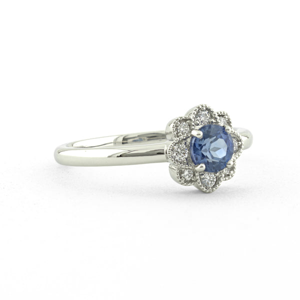 Fiona Halo Ring with Blue Sapphire in Platinum - BaxterMoerman