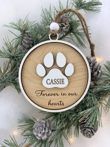 Pet Memorial Holiday Ornament "Forever in our Hearts" In Memory of Dog or Cat Sympathy Gift Paw Prints