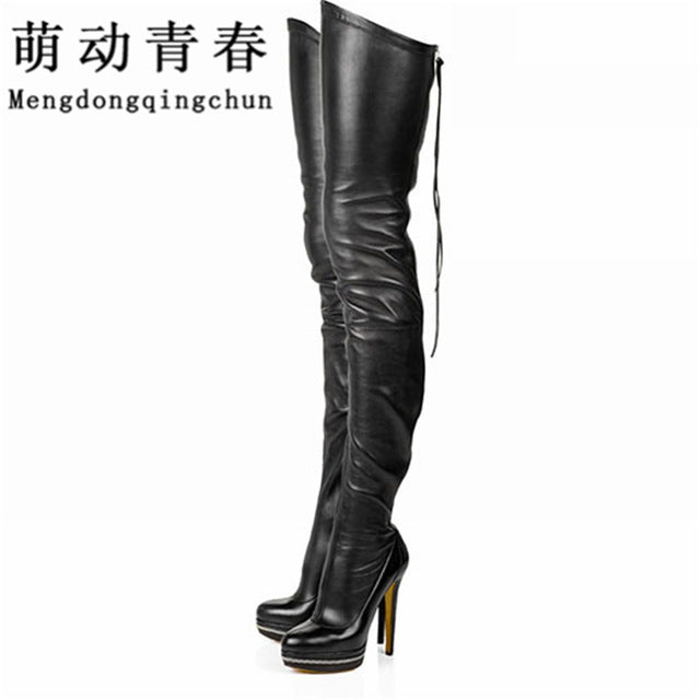 over the knee black leather high heel boots