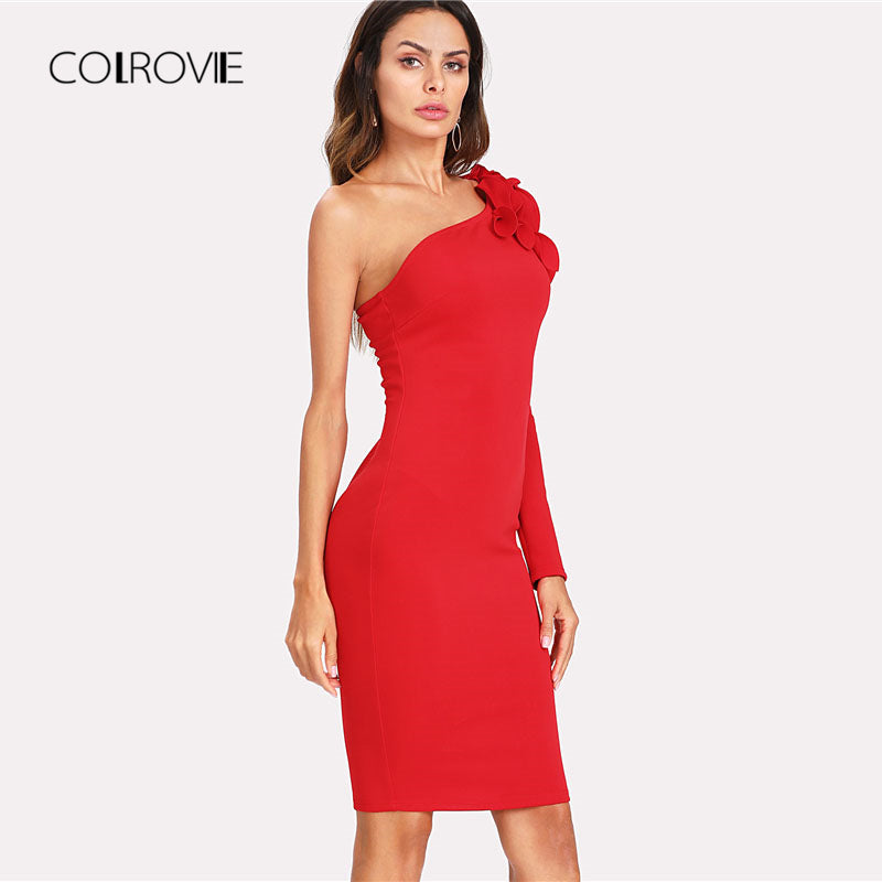 red one shoulder long sleeve dress