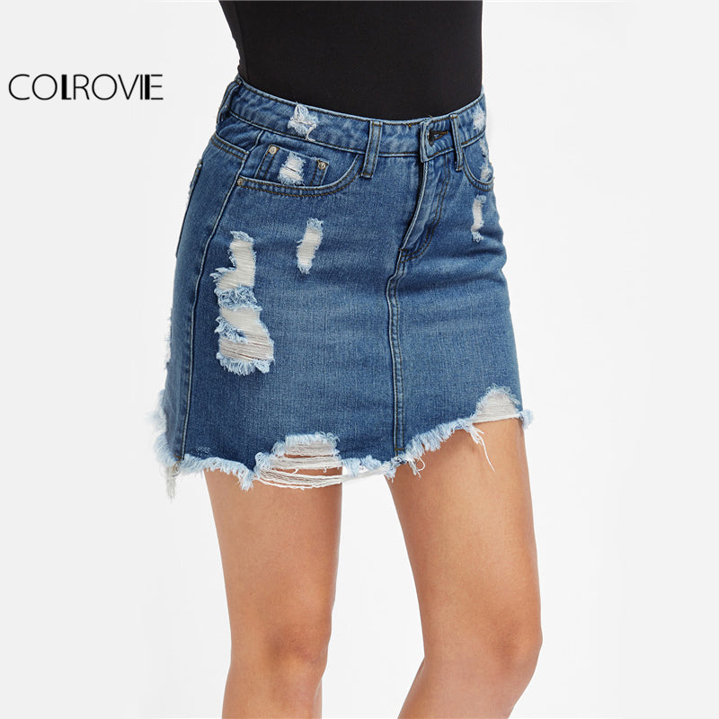 blue denim ripped skirt