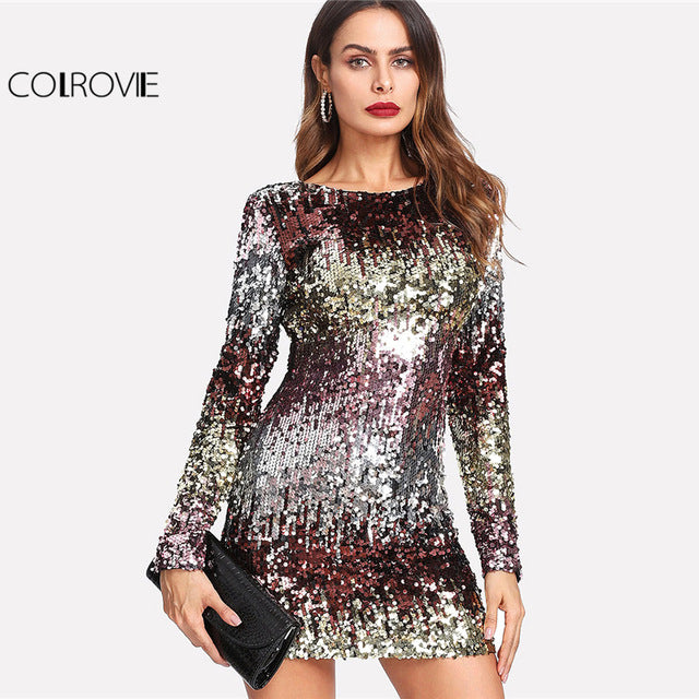 long sleeve short sequin dress