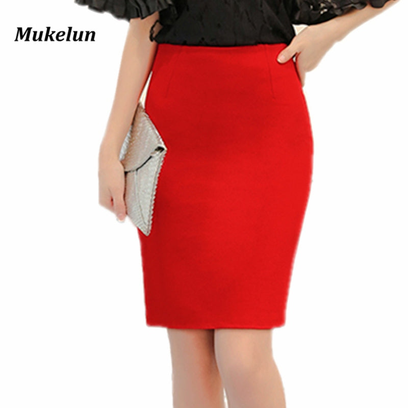 Womens Midi Pencil Skirt Red Elastic High Waist Knee Length Slim Bodycon Slit Office Skirts