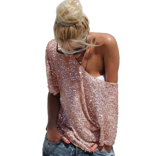 Women Loose Off Shoulder Sequin Glitter 