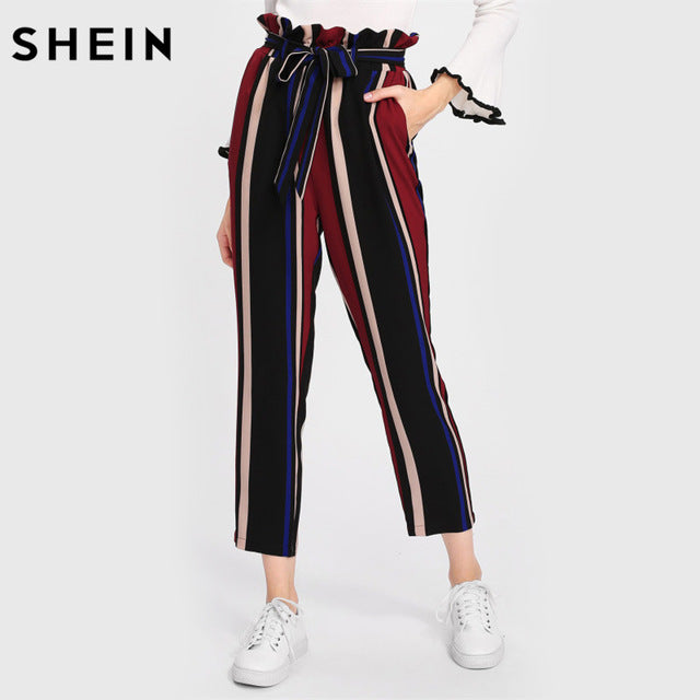 frill trim bow tie waist striped pants