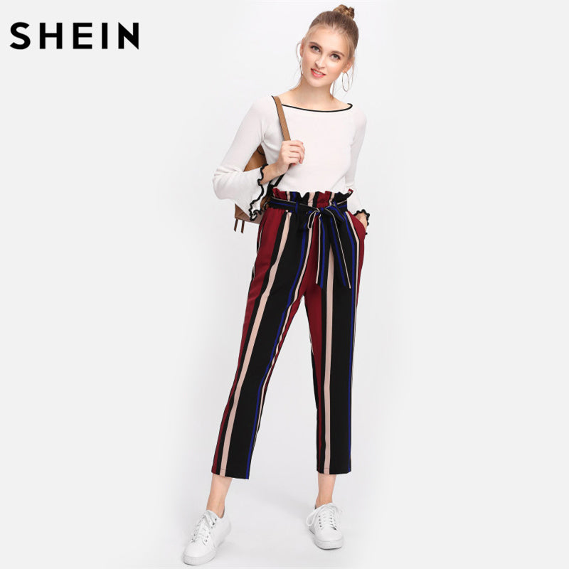 frill trim bow tie waist striped pants