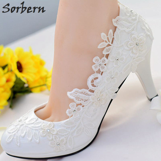 White Lace Flower Wedding Shoes Slip On 