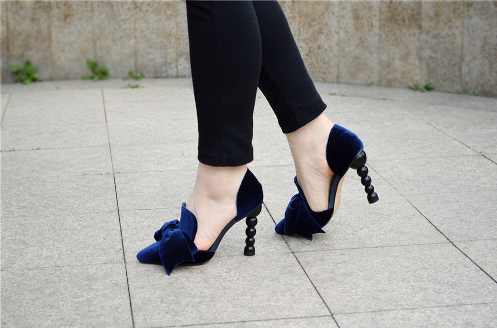 Women High Heel Velvet Bow Pointed Toe 