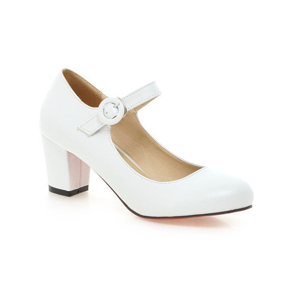 white thick heel pumps
