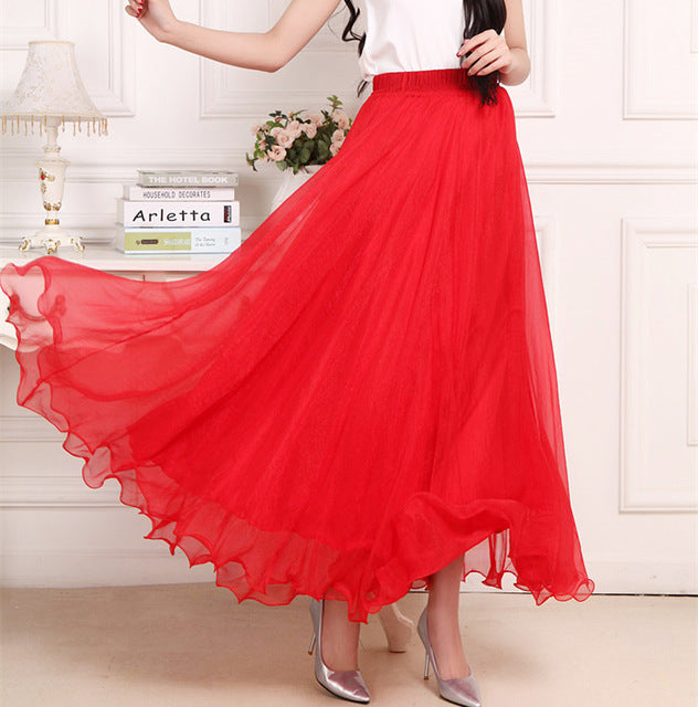 red chiffon maxi skirt