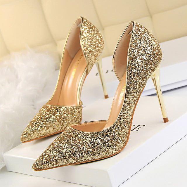 gold high heels