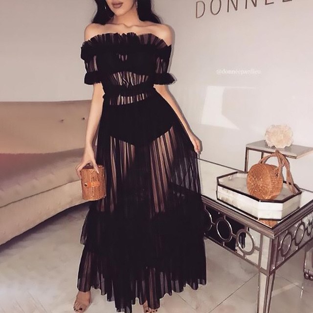 black sheer off the shoulder dress