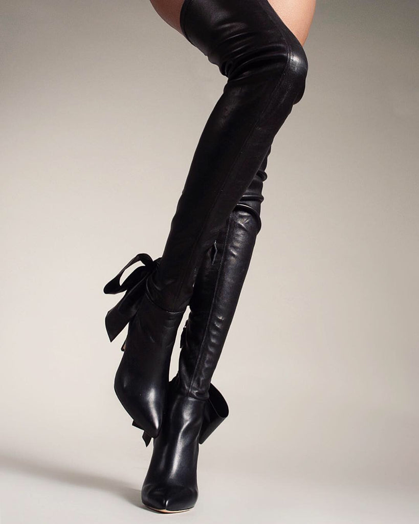 thigh high black leather boots