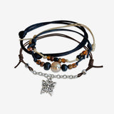 Butterfly Bracelet 4 piece set is adjustable with stackable bracelets in black and brown cords, a silver butterfly charm and orange beads. Fun styled and stacked bracelets. Stack these corded bracelets. Created by O Yeah Gifts!