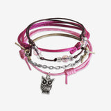 Owl Bracelet 4 piece set is adjustable with stackable bracelets in pink cords a silver owl charm, link chain and pink beads. Eco friendly style stacked bracelets. Stack these corded bracelets. Created by O Yeah Gifts!
