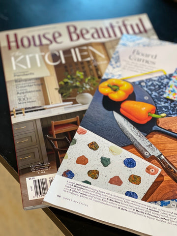 House Beautiful Magazine cover with open page featuring marble terrazzo confetti board