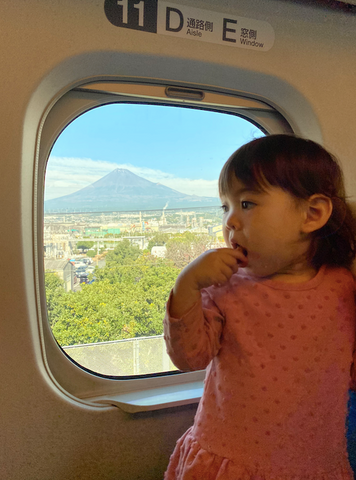 Fuji mountain in Japan from fastest bullet train shinkansen