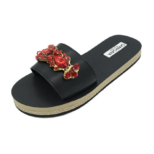 Lobster - Red Crystals Stone Embellished Waterproof Espadrille Flat Slide Sandals for Women