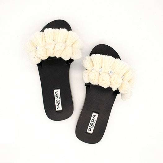 White pom pom tussle - Waterproof Espadrilles Flat Sandals – Sand By Saya New York
