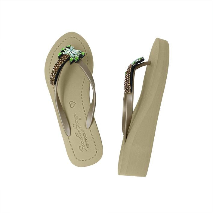 Palm Tree - Rhinestone Mid Wedge Flip Flops