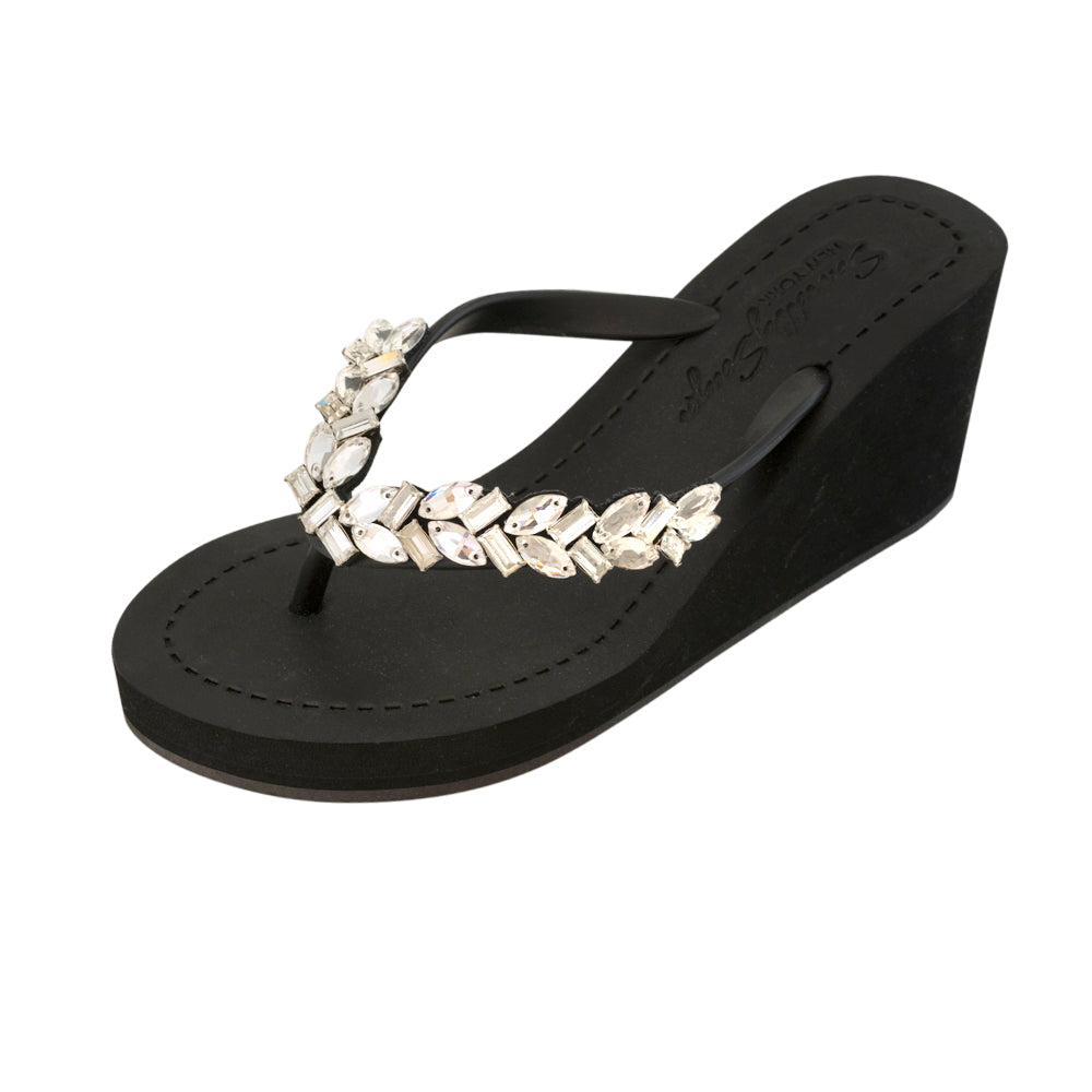 Crystal Heart - Rhinestone High Heeled Wedge Flip Flops Womens