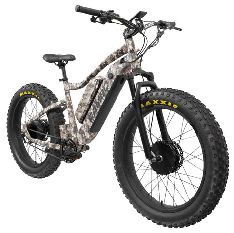 Front view of the Rambo Megatron eBike All Wheel Drive, painted in camo. Image on white background