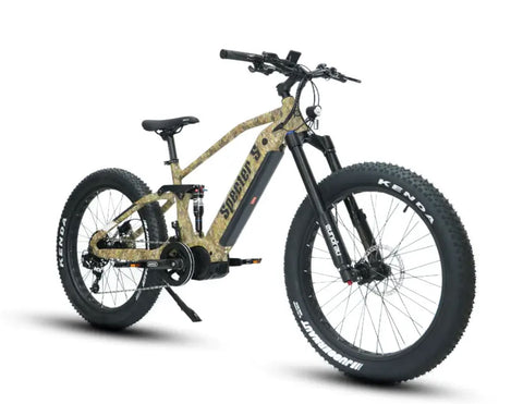2023 Eunorau Specter S Full suspension ebike painted in sandy camo color. image is front facing on white background