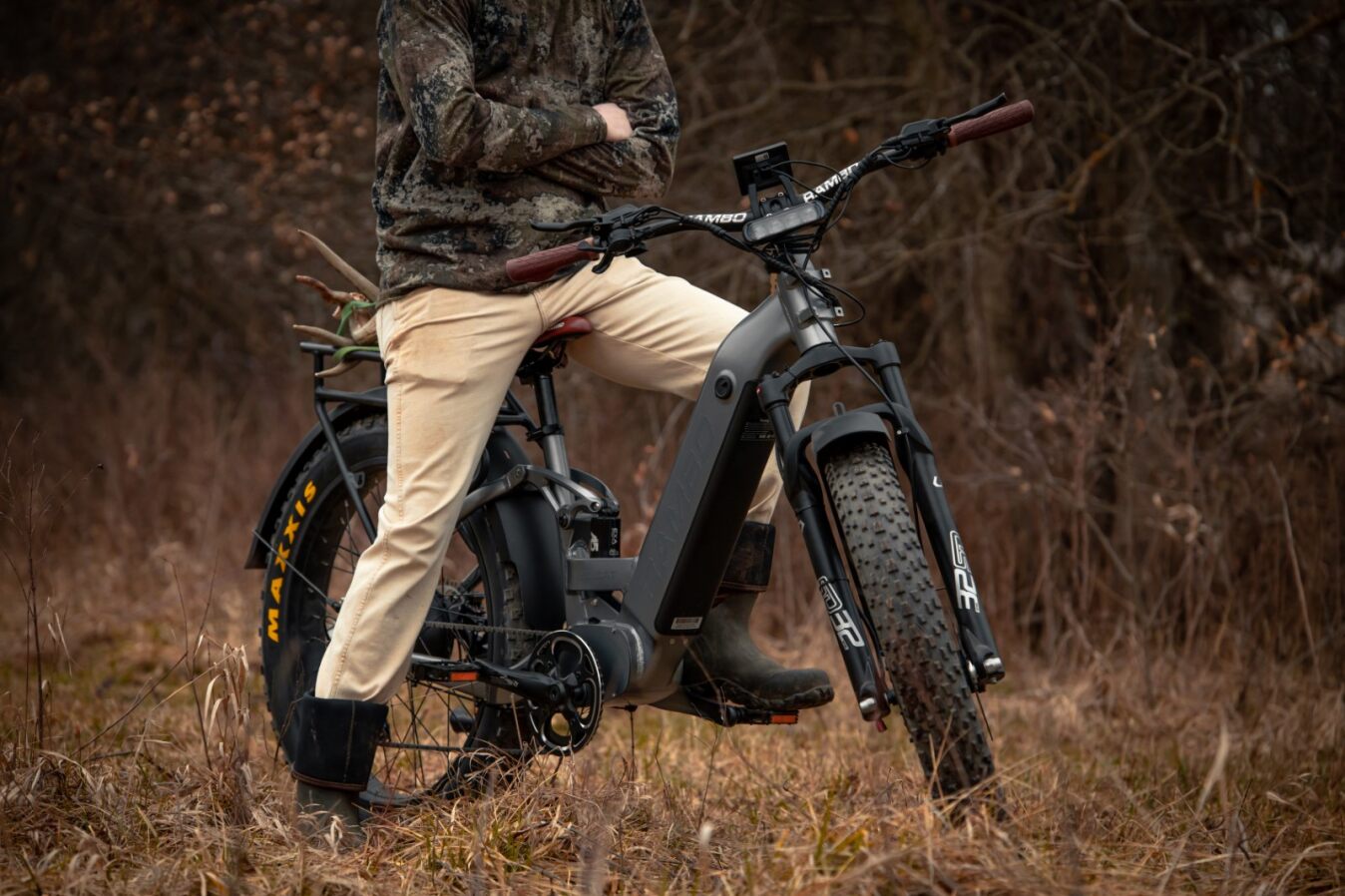 The Rambo Hellcat in Gunmetal Grey with its rider, out in the woods