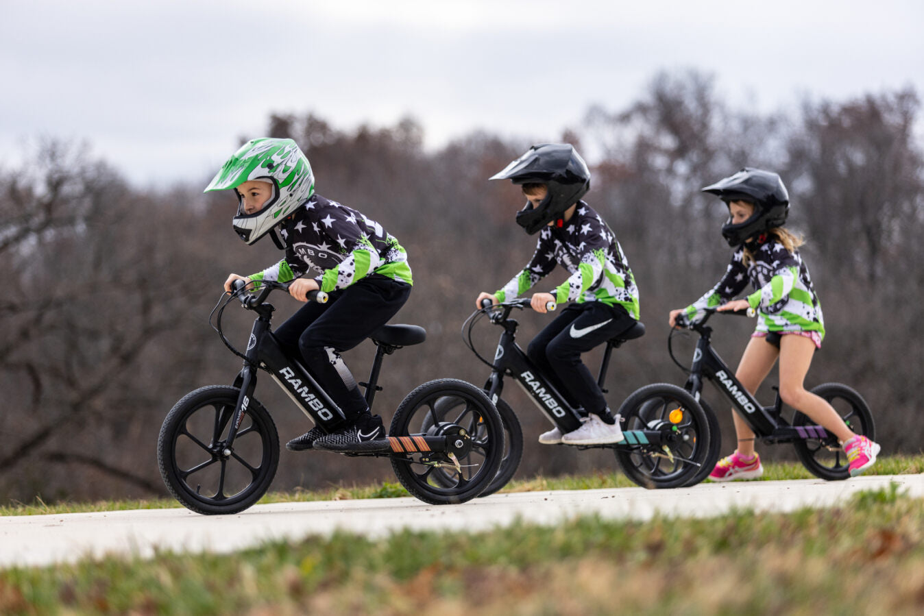 3 kids riding their Rambo 16" Lil Whip Kids Bikes