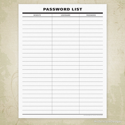 Free Password List Printable Form