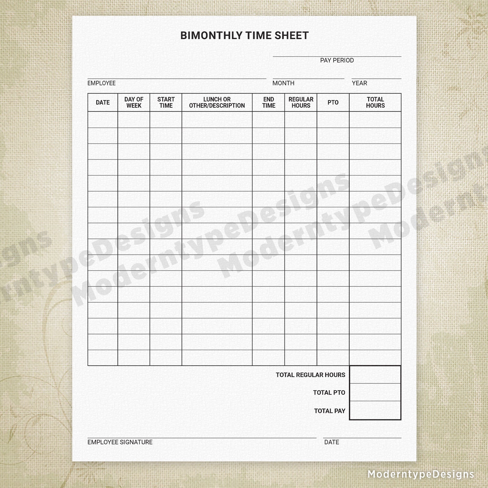 Bimonthly Time Sheet Printable