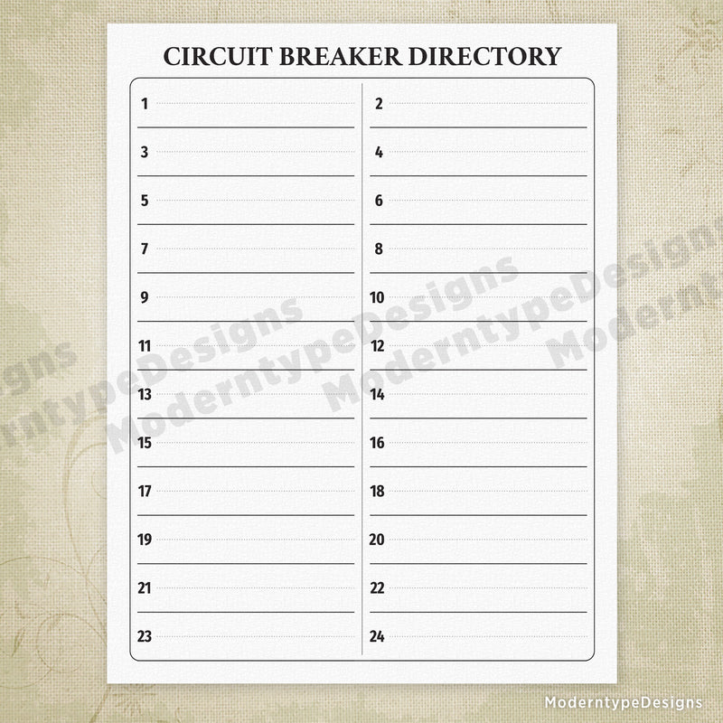 Breaker Directory Printable with 24 Circuits