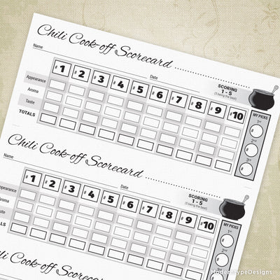 Chili Cook-off Basic Scorecard Printable, 10 Entries, 8.5 x 3.67