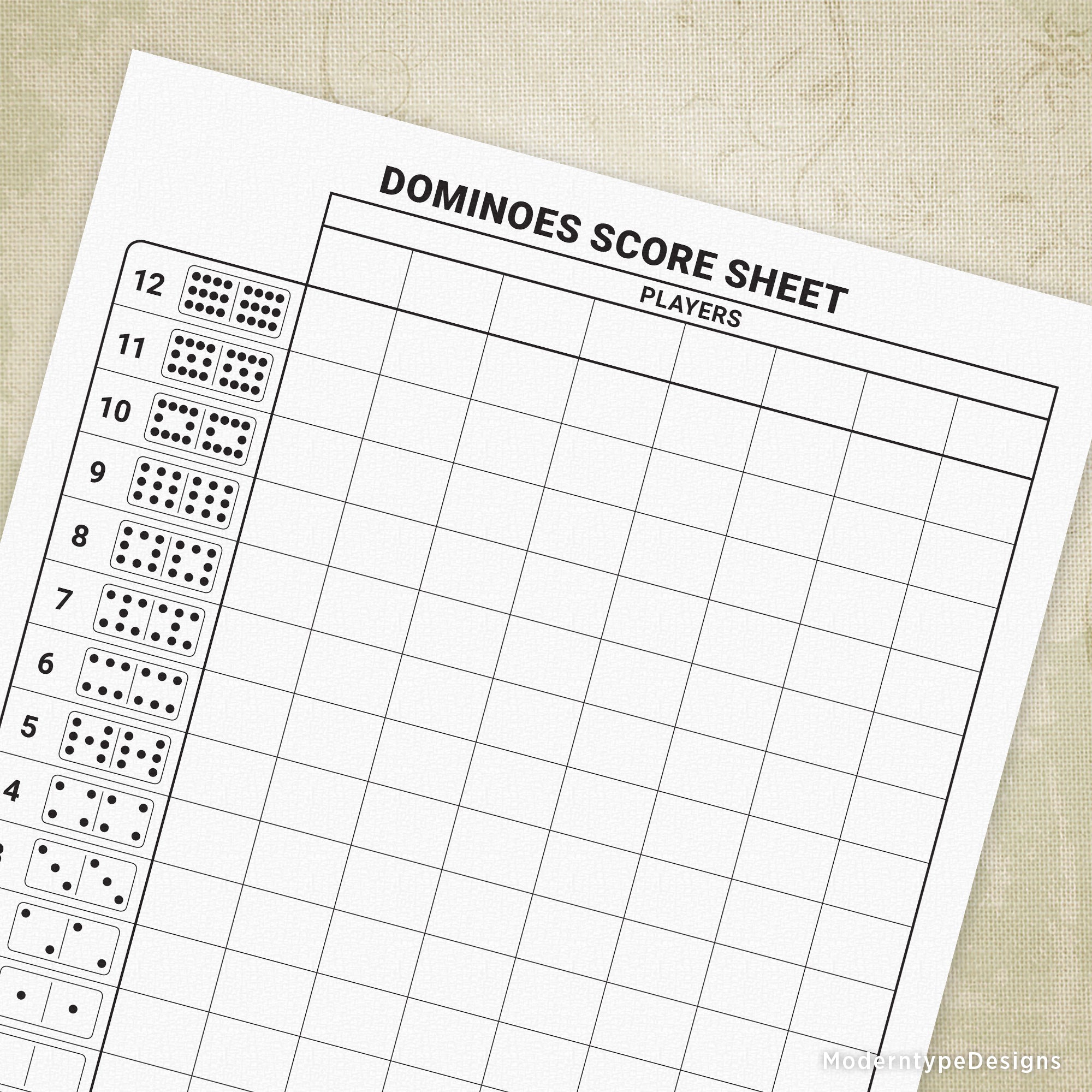 Dominoes Scoring Sheet Printable