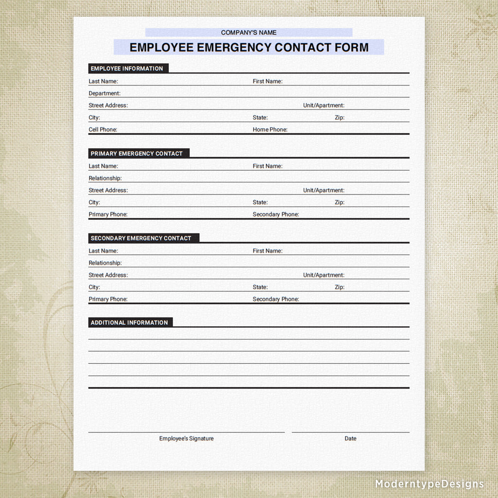 emergency contact printable form personalized