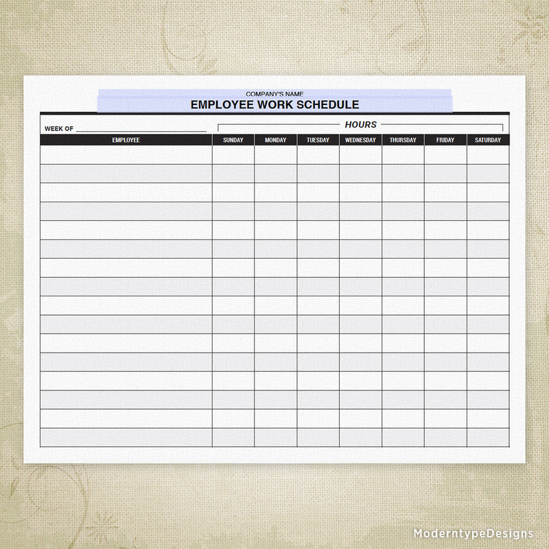 Employee Work Schedule Printable Form Personalized