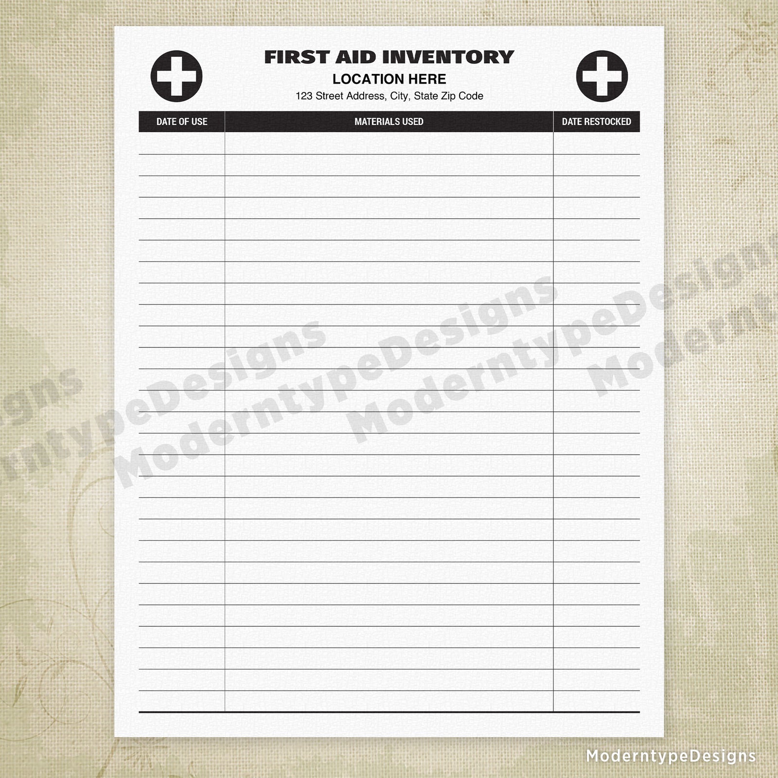 First Aid Inventory Log Printable (personalized)