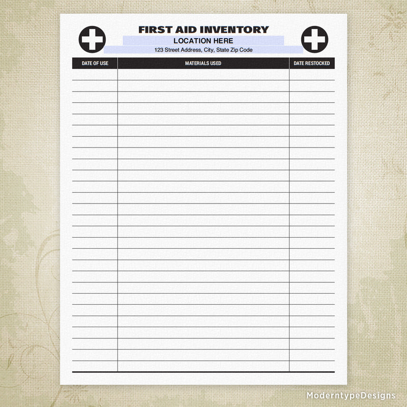 First Aid Inventory Log Printable (editable) – Moderntype Designs