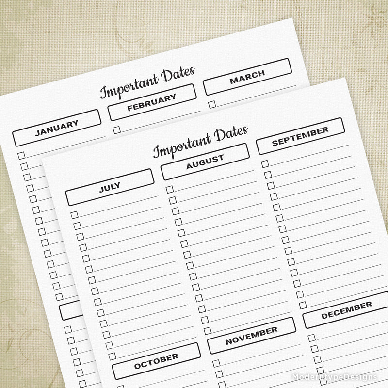 Important Dates Monthly Printable