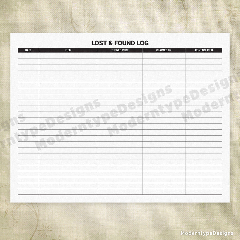 Lost And Found Log Printable