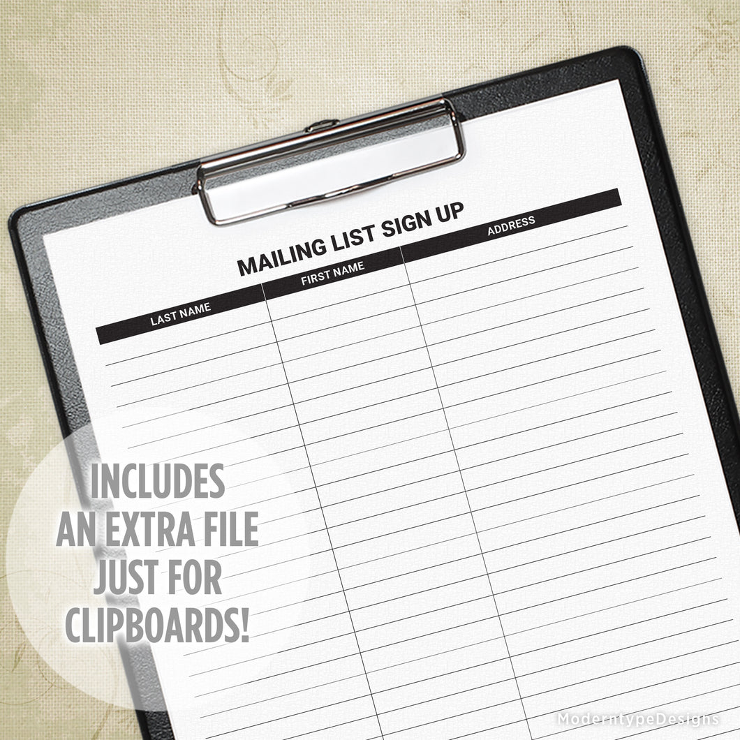 Mailing List Sign Up Sheet Printable for Clipboard Moderntype Designs