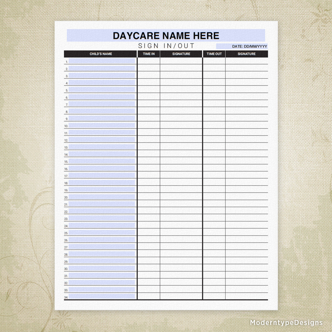 Daycare Sign In and Out Printable Form (editable) Moderntype Designs