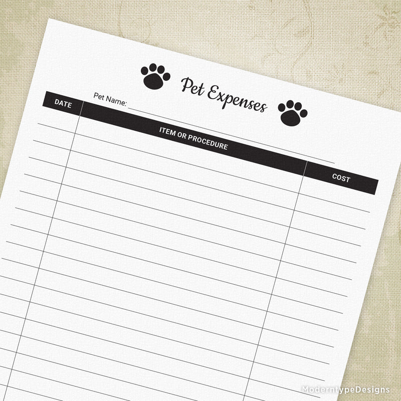 pet expense tracker printable