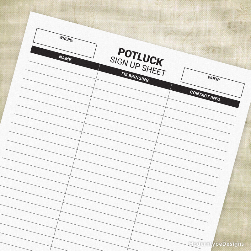 pot luck sign up sheet