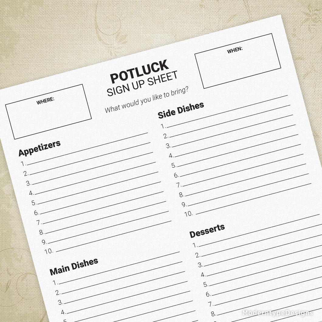 Potluck Dish Sign Up Sheet Printable – Moderntype Designs