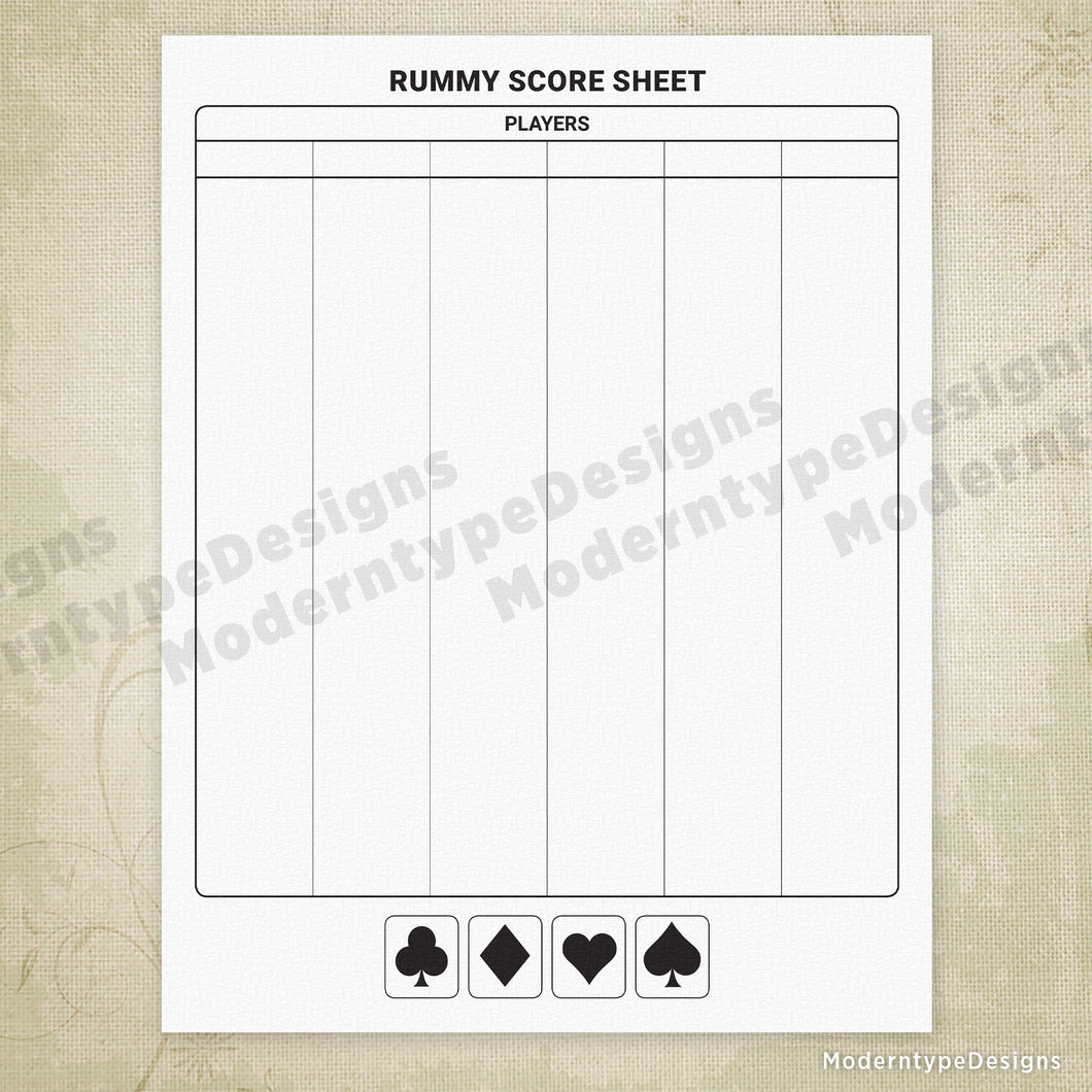 Rummy Scoring Sheet Printable Form Moderntype Designs