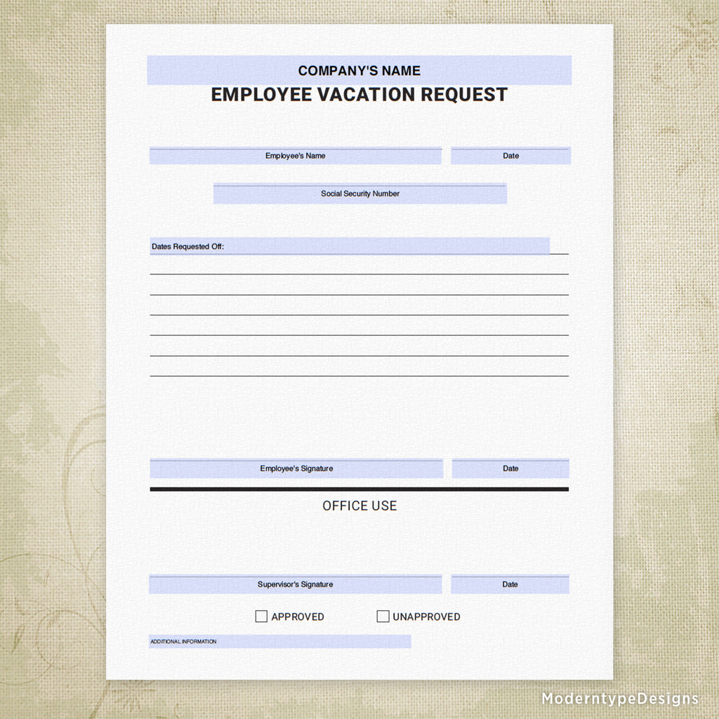 Employee Vacation Request Printable Form Personalized 1227