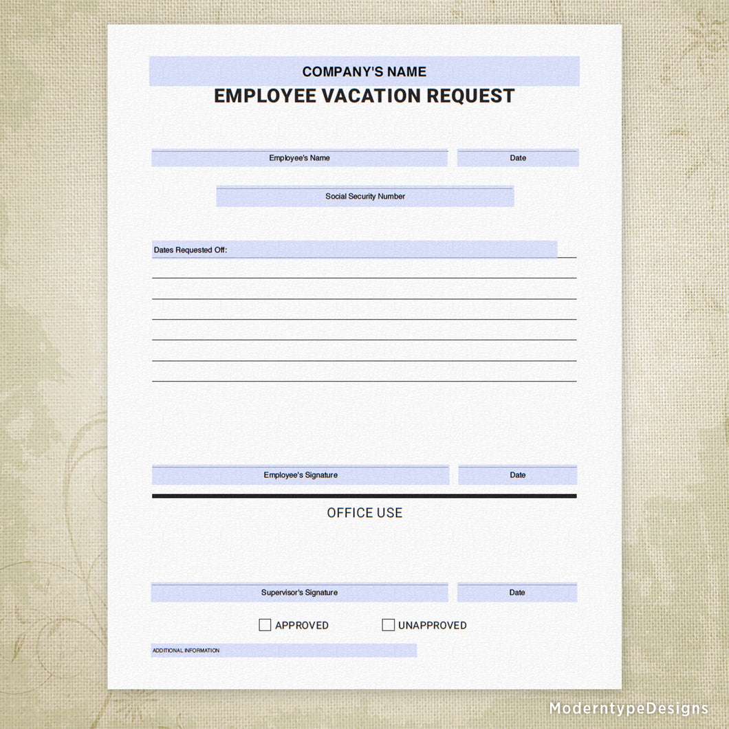 Employee Vacation Request Printable Form (editable) Moderntype Designs